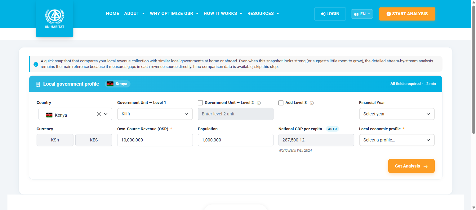Local government profile form with country, government unit, OSR, population, GDP per capita, and local economic profile fields
