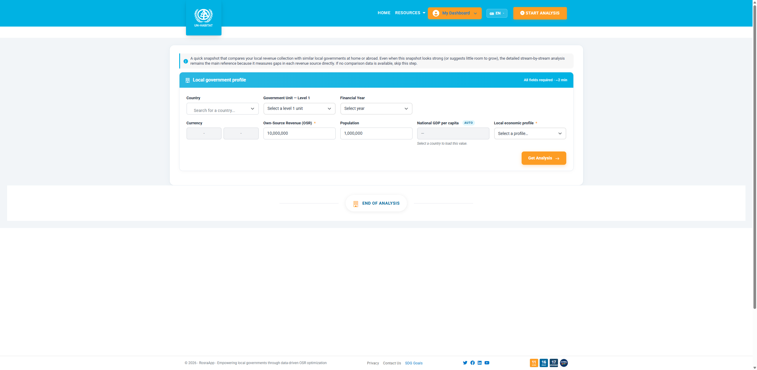 Quick Estimate profile screen before generating an analysis