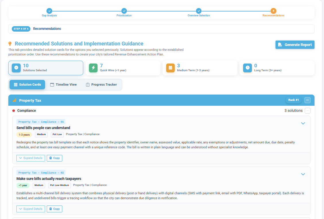 Recommendations screen showing solution cards, timeline view, and progress tracker tabs